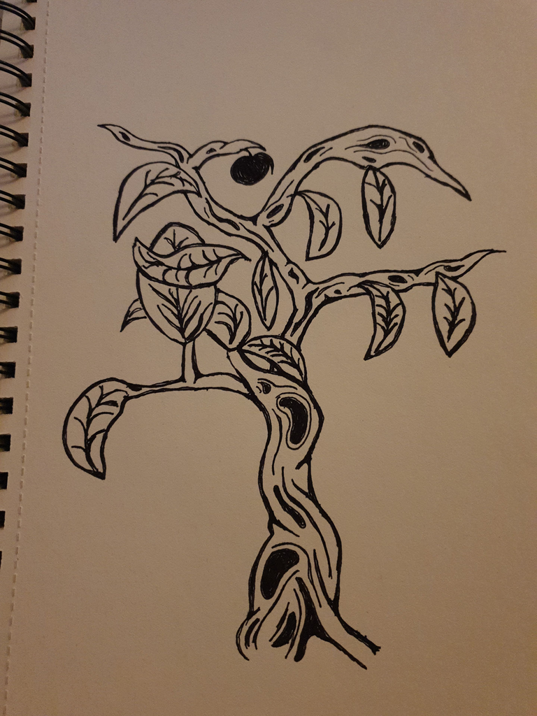Black and white pen and paper drawing of an apple tree
