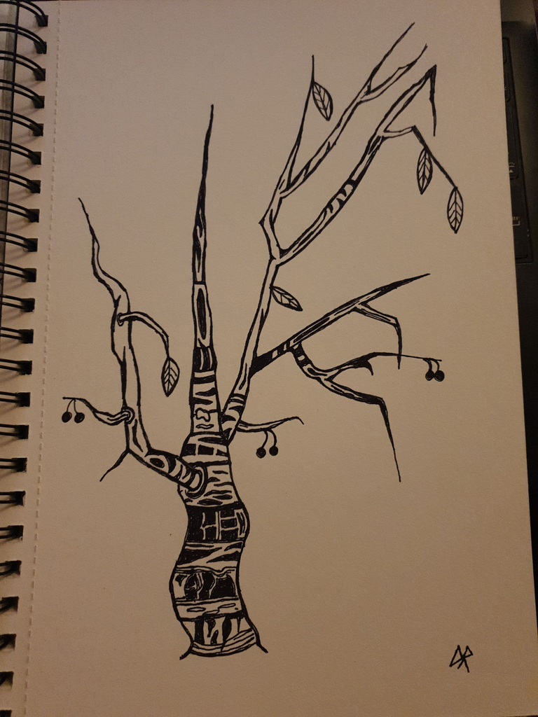 Black and white pen and paper drawing of a fruit tree