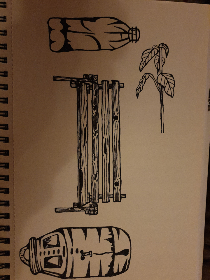 Photo of a sketchpad comtaining, at various angles, a bench, a plant, a water butt, a plastic bottle