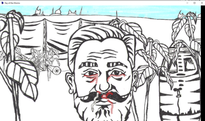 Pen drawing of an allotment plot with a man's head in the foreground. He has blood coming from his eyes and nose and a worm coming from his nose.
