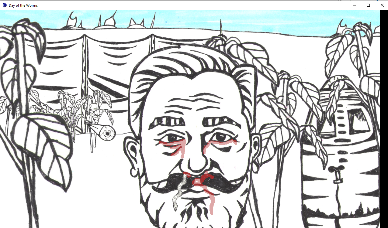 Pen drawing of an allotment plot with a man's head in the foreground. He has blood coming from his eyes and nose and a worm coming from his nose.