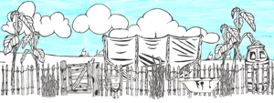 Pen drawing of an allowment path complete with bathtub tpolet, fence, weeds, and gate. On the plot itself are a water butt, plants, and a polytunnel. All against a blue sky with clouds.