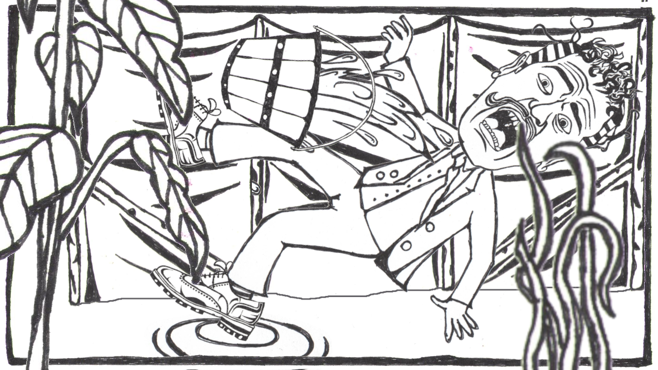 Pen drawing of a man on an overgrown allotment site falling over while carrying a bucket. He looks distressed.