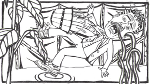 Pen drawing of a man on an overgrown allotment site falling over while carrying a bucket. He looks distressed.