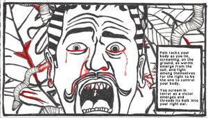 Drawing of a man's bloodied face against a backdrop of leaves. There are large worms attacking him and one entering his ear.