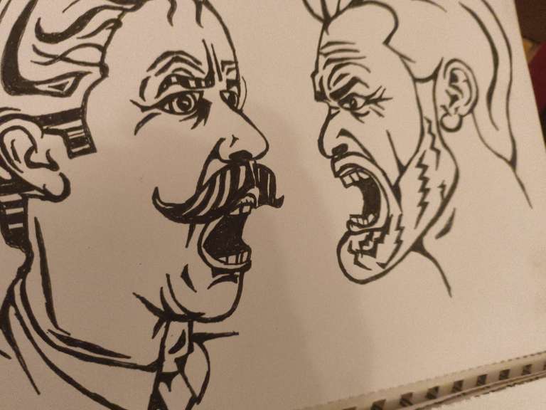Pen drawing of two men yelling face to face