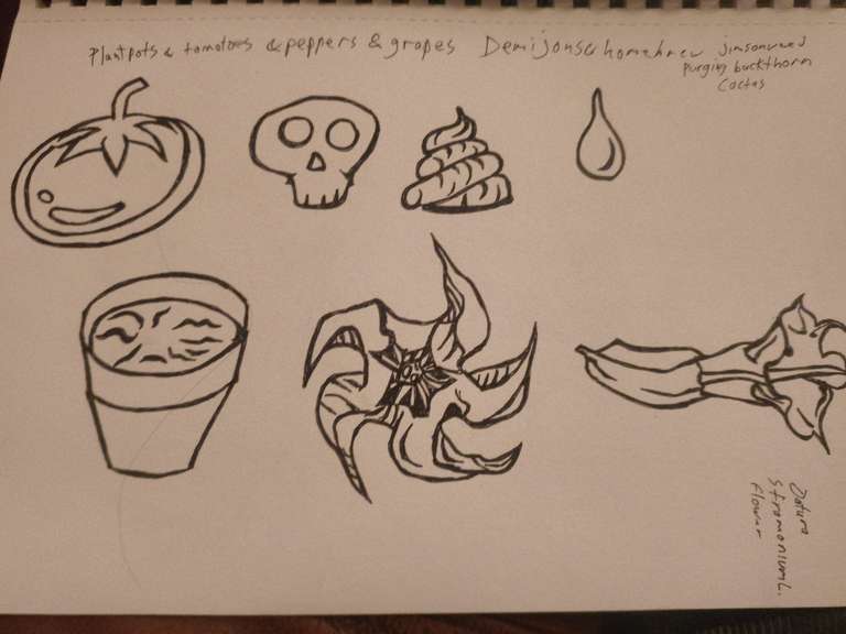 Pen drawing of plant pots and flowers