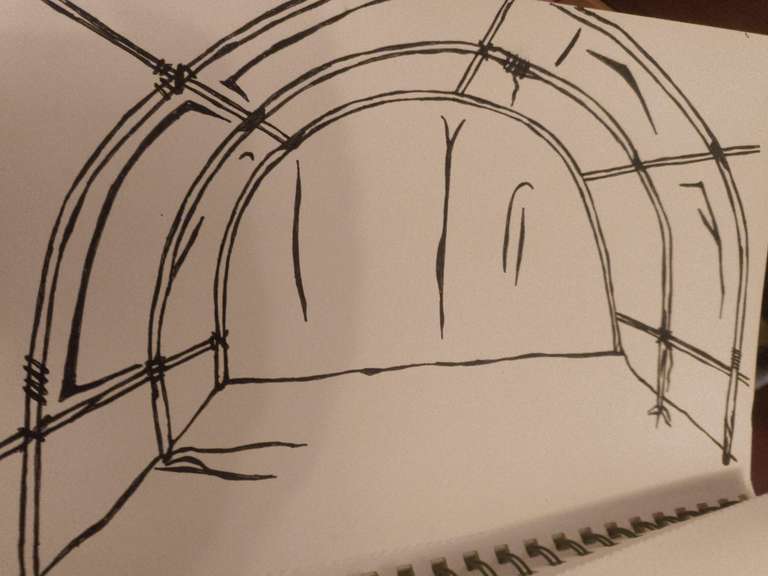 Pen drawing of a polytunnel interior