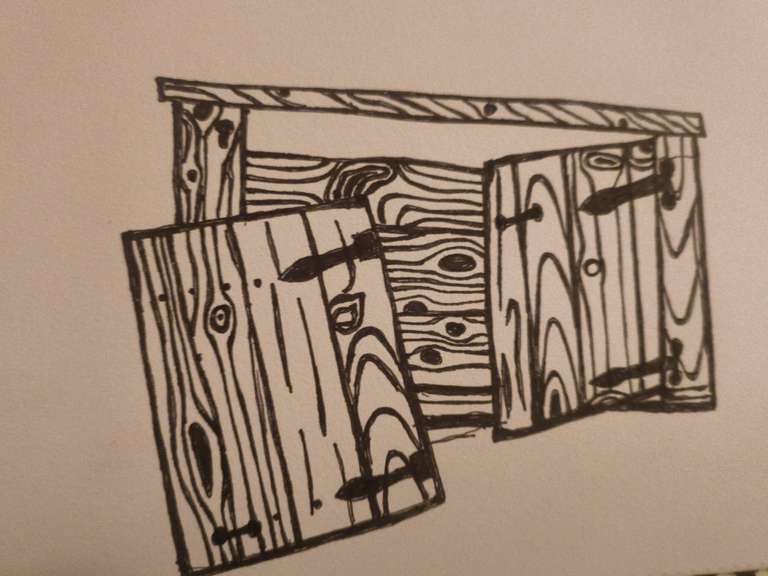 Pen drawing of a broken kitchen cupboard