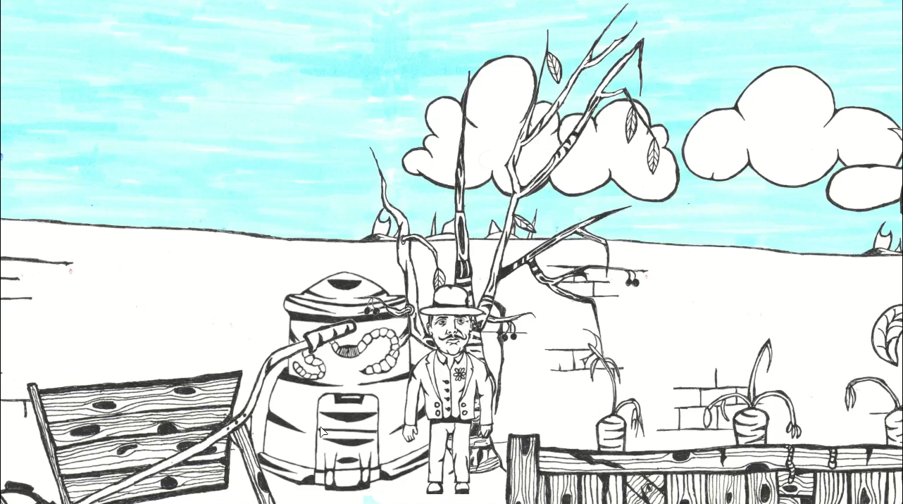 black and white pen drawing of a gardener on an allotment with a blue sky in the background