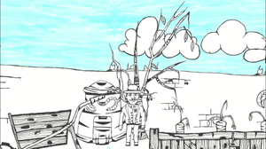black and white pen drawing of a gardener on an allotment with a blue sky in the background