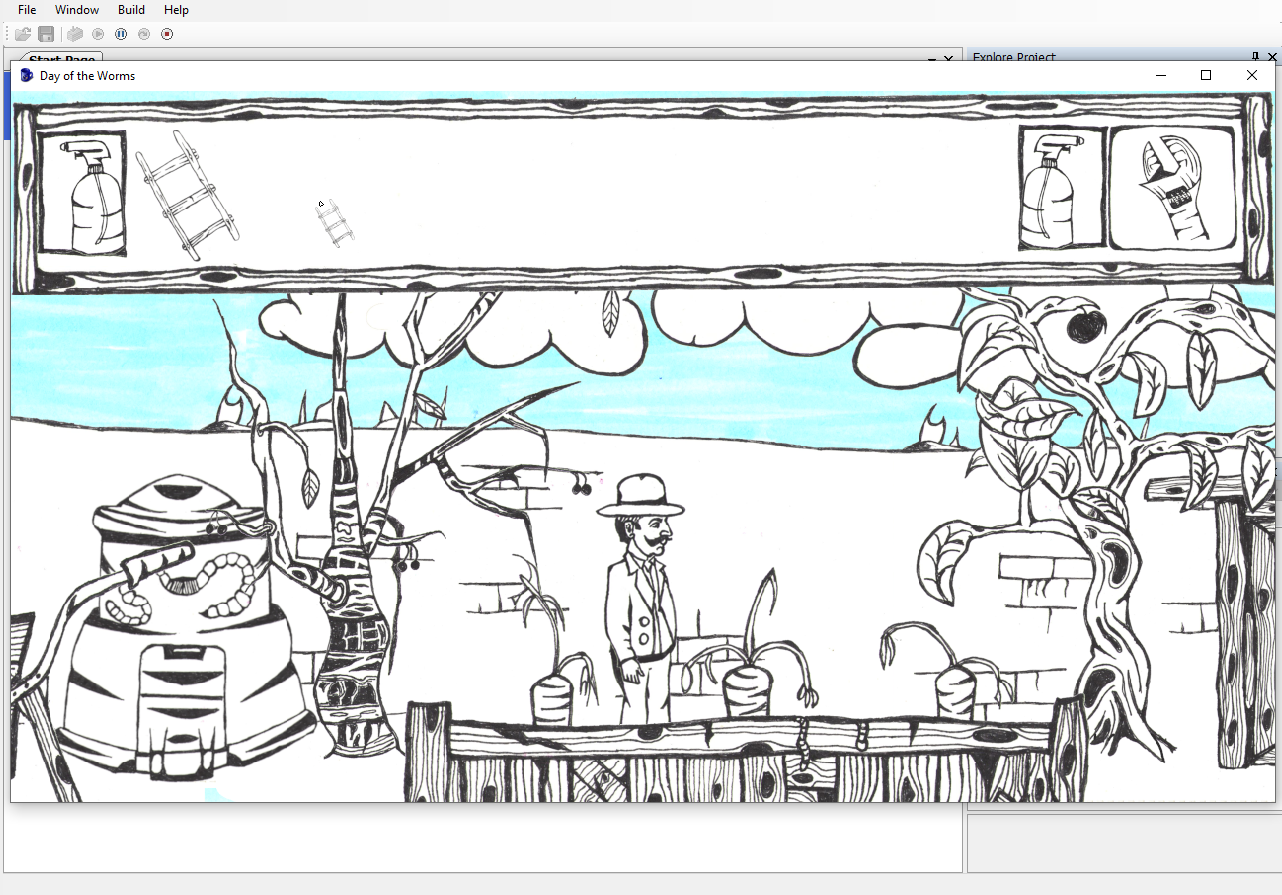 Black and white drawing of Day of the Worms playable area with a gardener standing behind a carrot planter