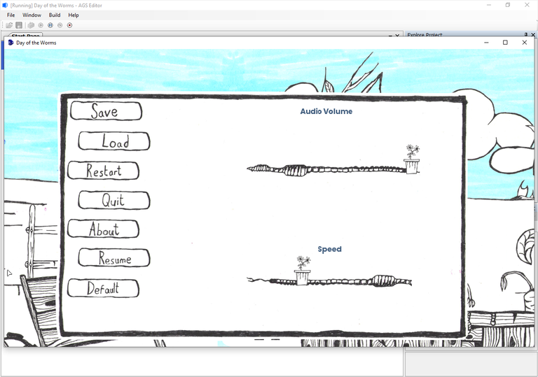Black and white drawing of Day of the Worms settings menu. The sliders are worms