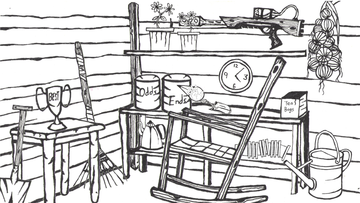 Black and white drawing of the inside of an allotment shed