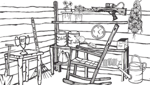 Black and white drawing of the inside of an allotment shed
