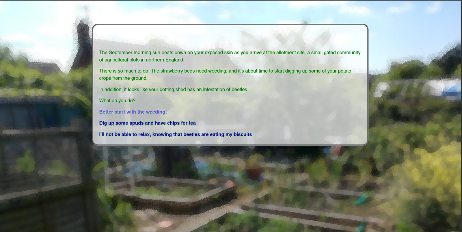 Web interface of an old HTML Twine game with multiple choice options
