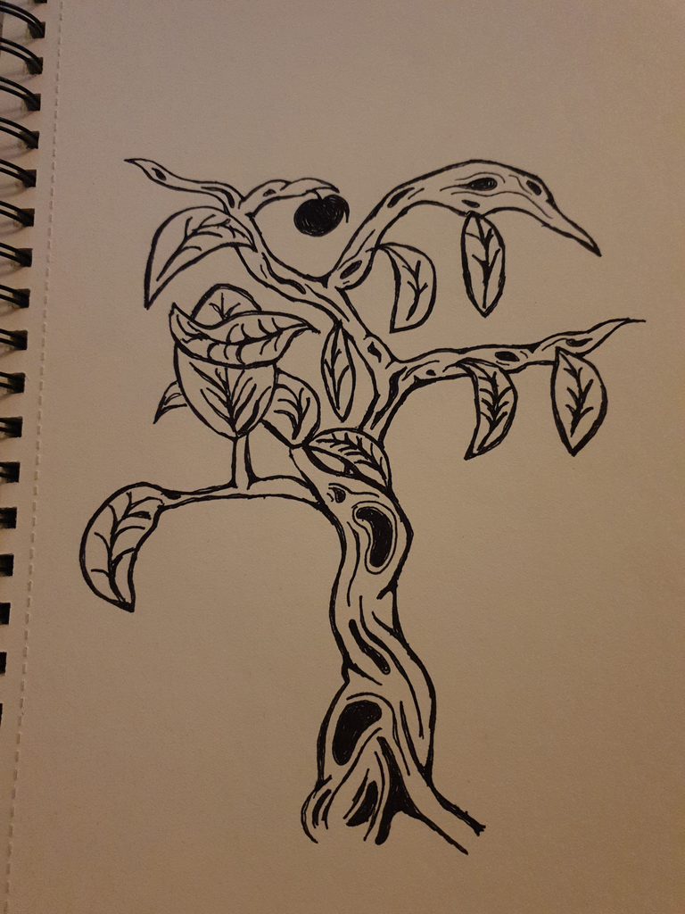 A stylised ink drawing of an apple tree