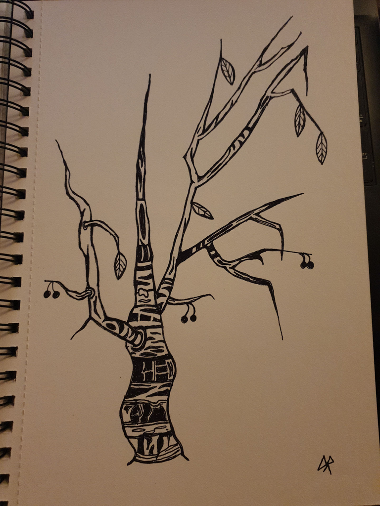 A stylised ink drawing of a cherry tree