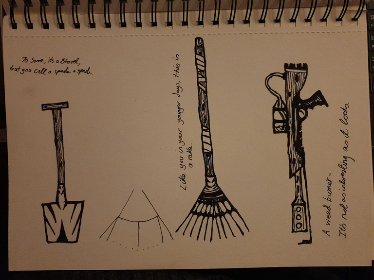 Ink drawings of a spade, a rake, and a weed-burner