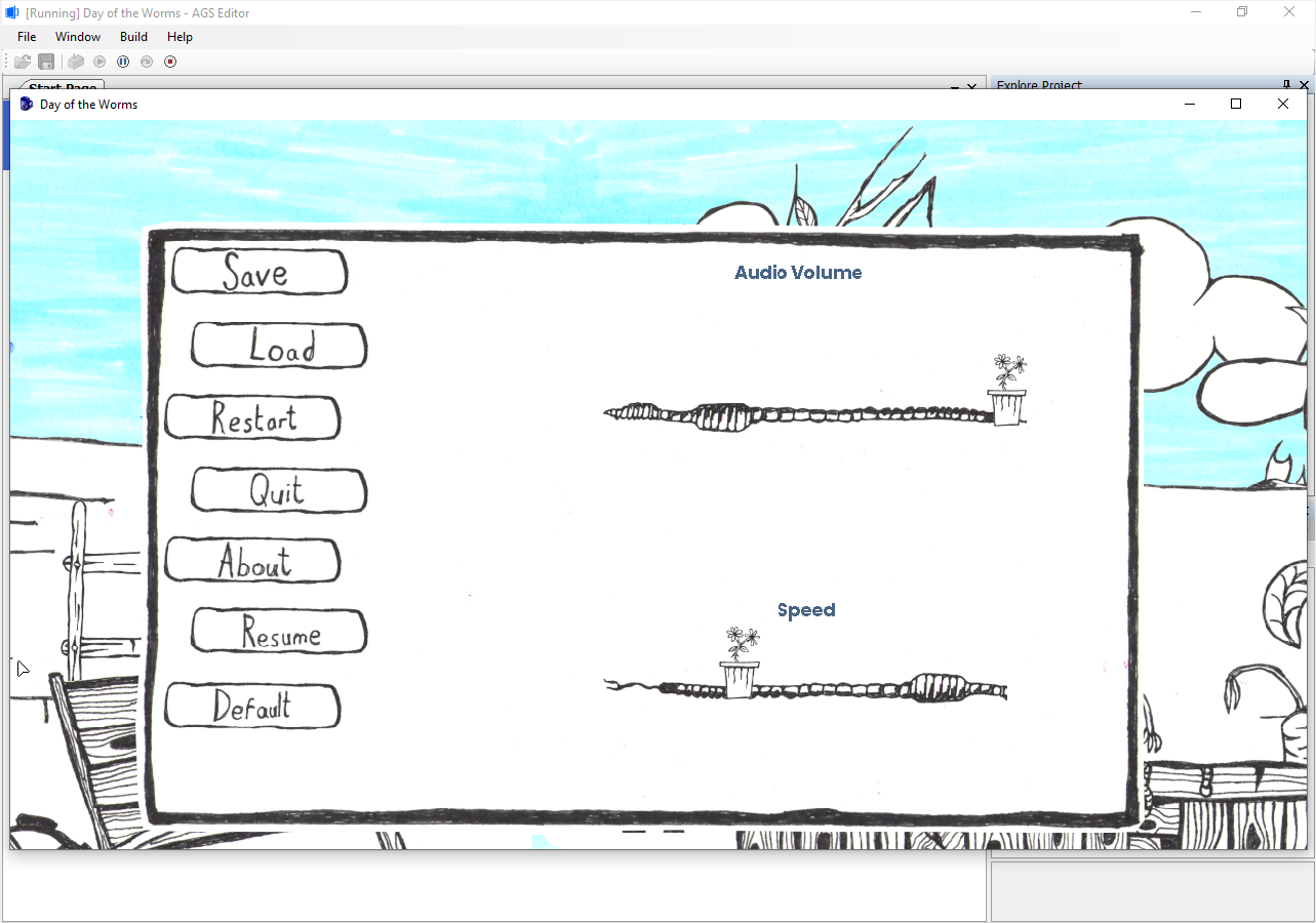 hand-drawn Settings menu with worms for volume and speed sliders and flowerpots for control knobs