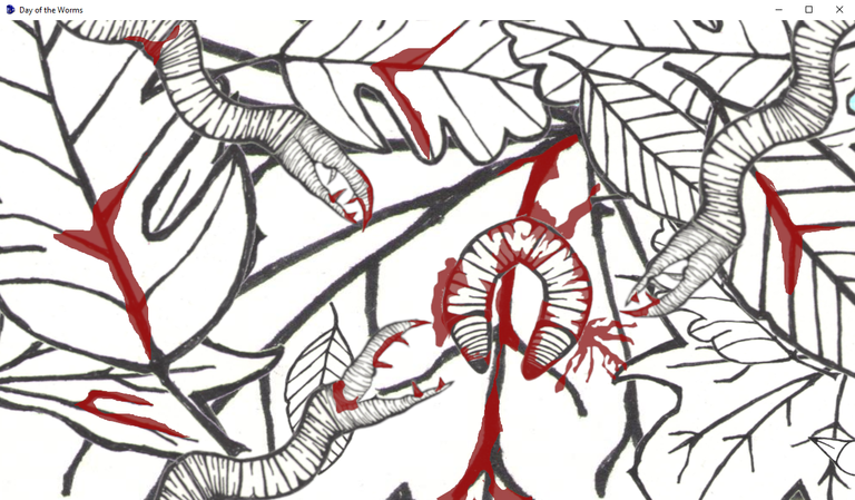 black and white cartoonish drawing of three worms with teeth surrounding a smaller worm. There is red blood on the worm and leaf litter in the background