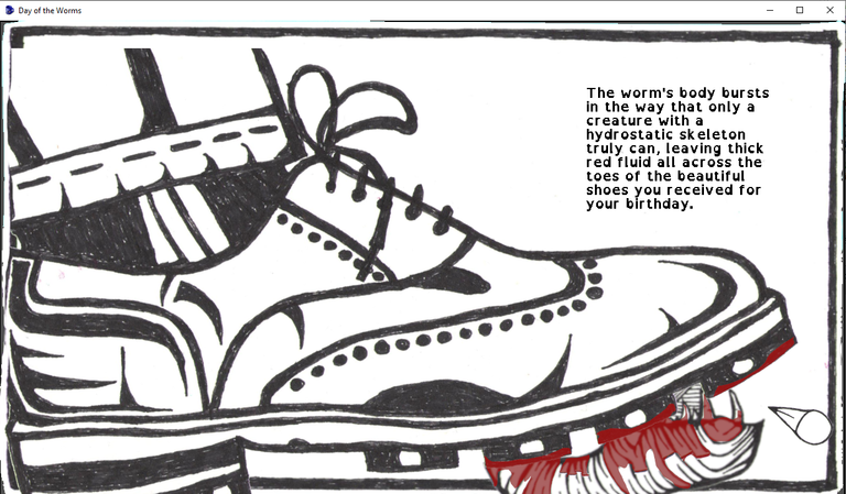 Black and white drawing of a shoe crushing a worm covered in blood