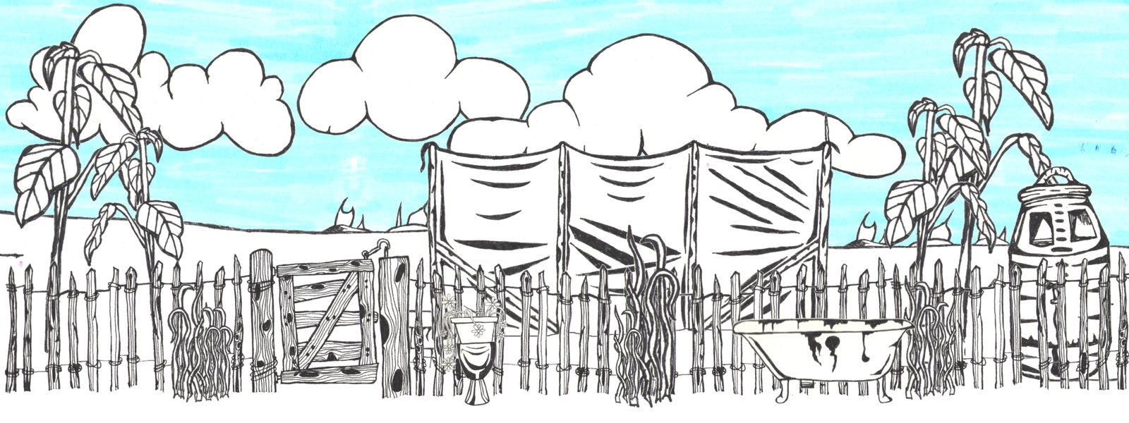 Pen drawing of an allotment path complete with bathtub toilet, fence, weeds, and gate. On the plot itself are a water butt, plants, and a polytunnel. All against a blue sky with clouds.