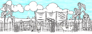 Pen drawing of an allotment path complete with bathtub toilet, fence, weeds, and gate. On the plot itself are a water butt, plants, and a polytunnel. All against a blue sky with clouds.
