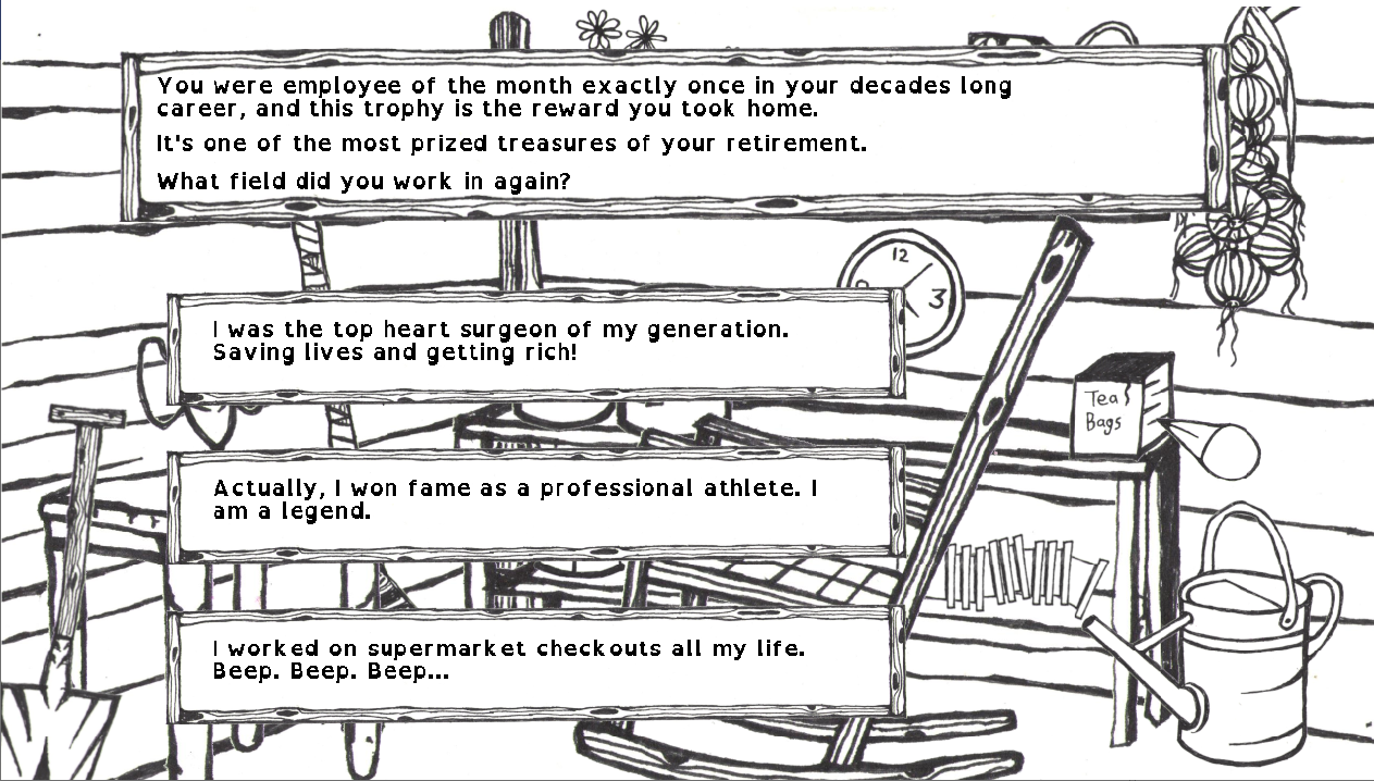 Hand drawn choice menu, showing a selection of careers: surgeon, athlete, checkout operator.