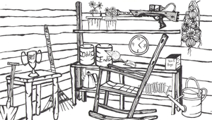 Black and white drawing of an allotment interior including rocking chair, onions, and an assortment of tools